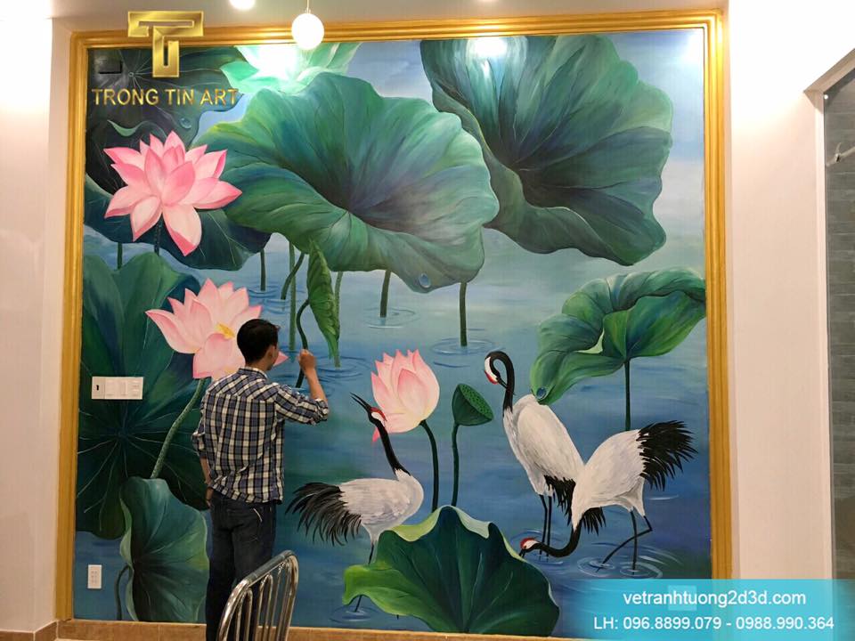Vẽ Tranh Tường Phòng Khách - Tranh Tường Hoa Sen Cho Nhà Cô Loan - VẼ TRANH  TƯỜNG 3D MỸ THUẬT TRỌNG TÍN ART