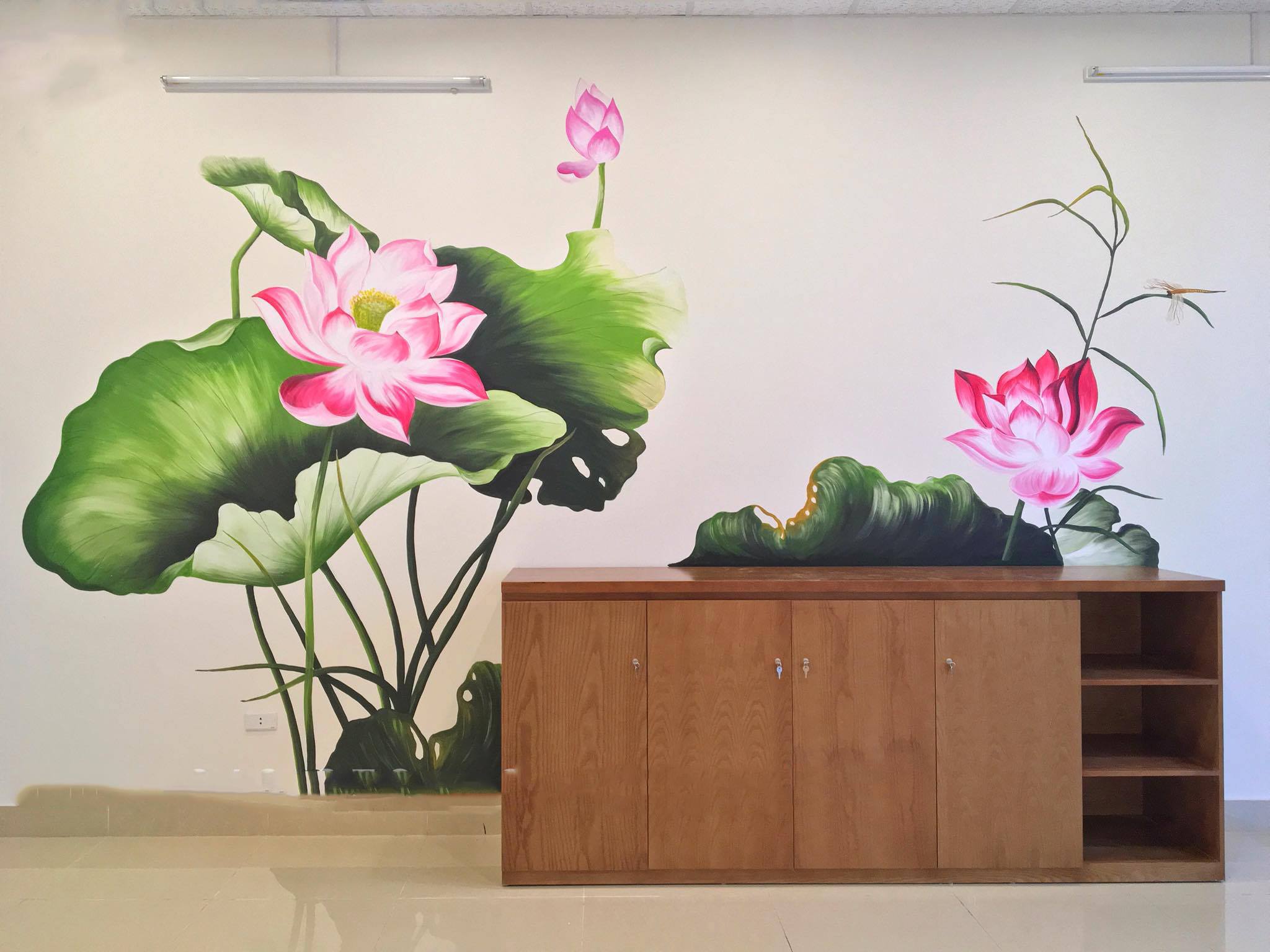 Tranh Tường Hoa Sen, Tranh Phong Cảnh Phòng Khách - Vẽ Tranh Tường 3D Mỹ  Thuật Trọng Tín Art