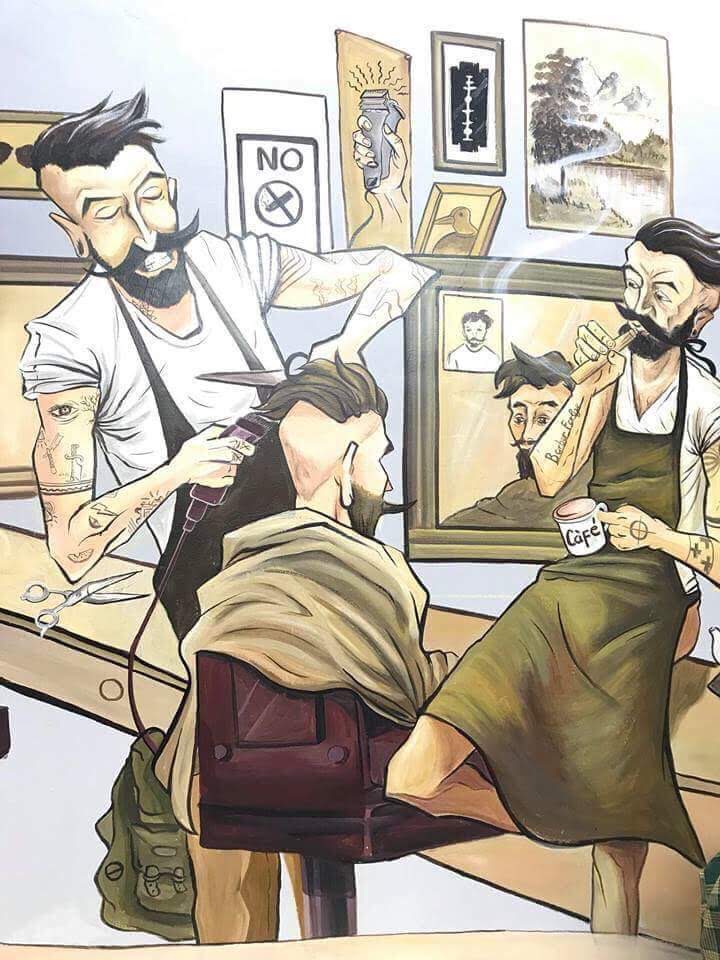 Vẽ Tranh Tường barber shop,tranh tường tiệm tóc nam,tranh barber shop,slon tóc,tranh 3d tiệm tóc đẹp,vẽ tranh slon tóc
