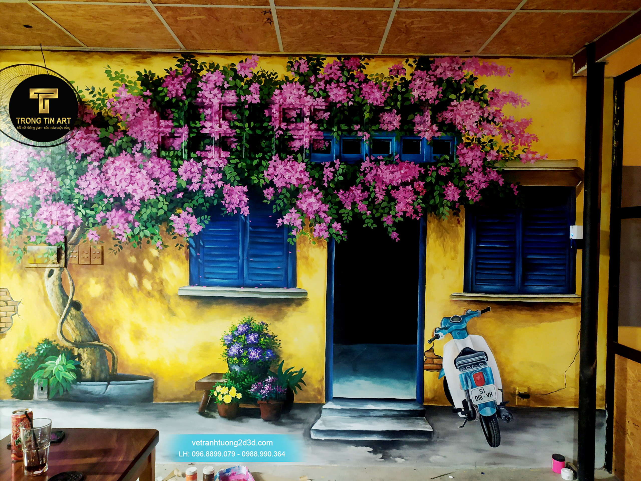 Vẽ tranh tường 3D quán trà chanh Bụi phố tại Chùa Thầy Quốc Oai Hà NộiVẽ  tranh tường giá rẻ tại Quốc Oai