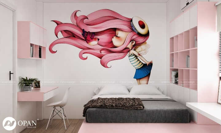 vẽ tranh tường phòng ngủ cho bé gái,vẽ tranh tường phòng bé,tranh tường phòng bé gái,tranh tường phòng ngủ bé gái,tranh nữ hoàng băng giá