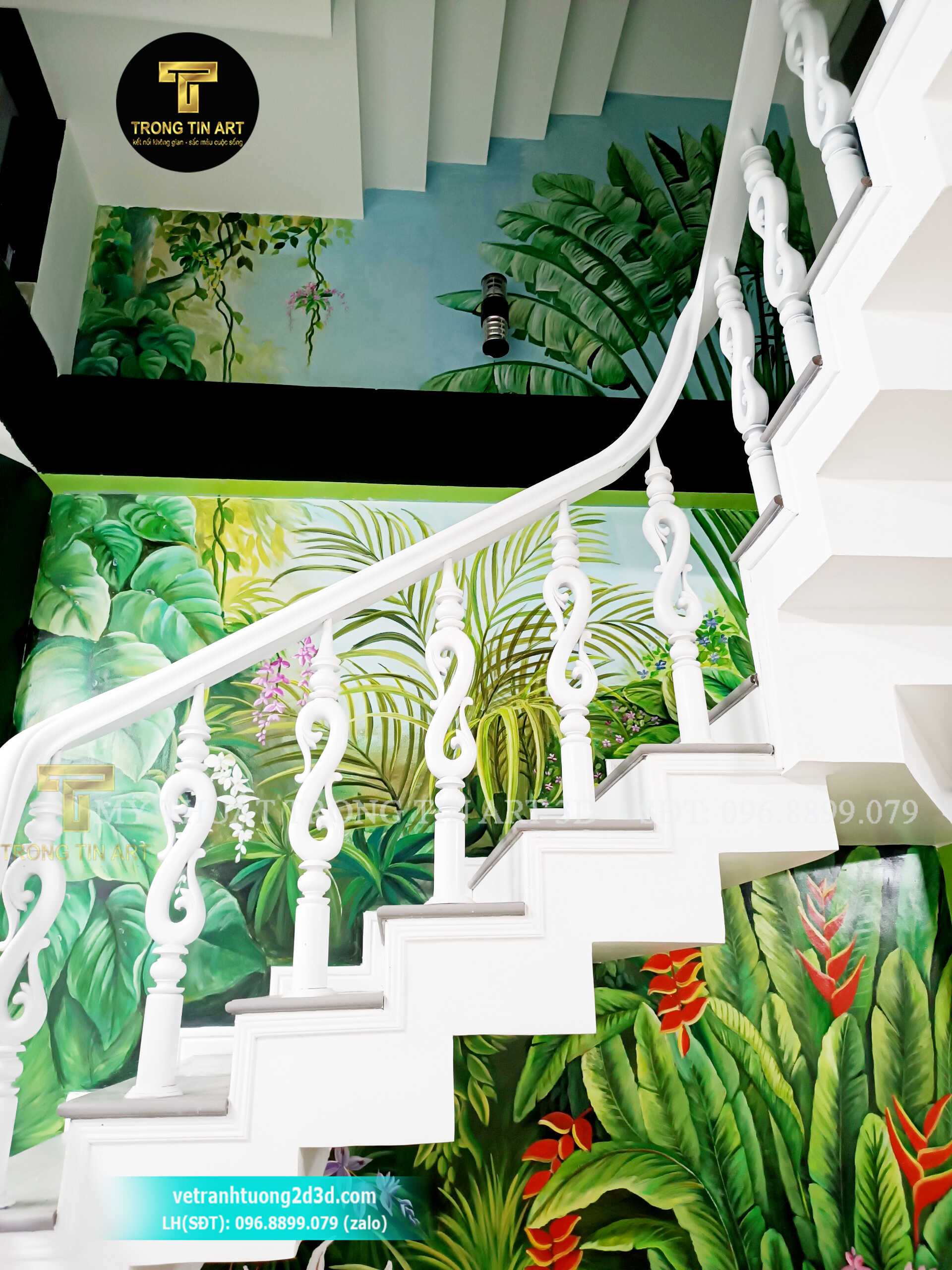 Vẽ tranh cầu thang,vẽ tranh tường cầu thang quán cafe trà sữa tại biên hoà đồng nai,vẽ tranh tường quán ăn,tranh hoa lá nhiệt đới,tropical