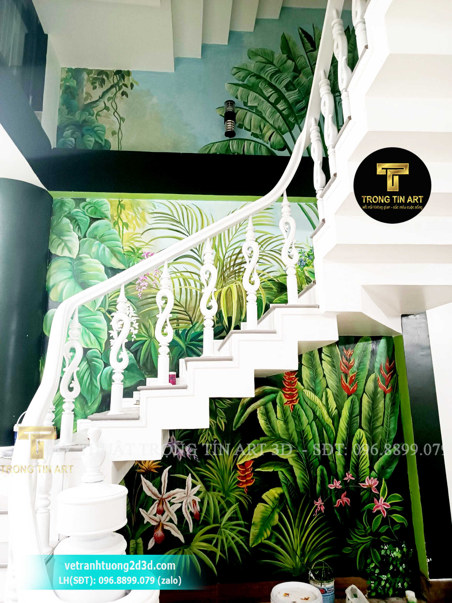 Vẽ tranh cầu thang,vẽ tranh tường cầu thang quán cafe trà sữa tại biên hoà đồng nai,vẽ tranh tường quán ăn,tranh hoa lá nhiệt đới,tropical