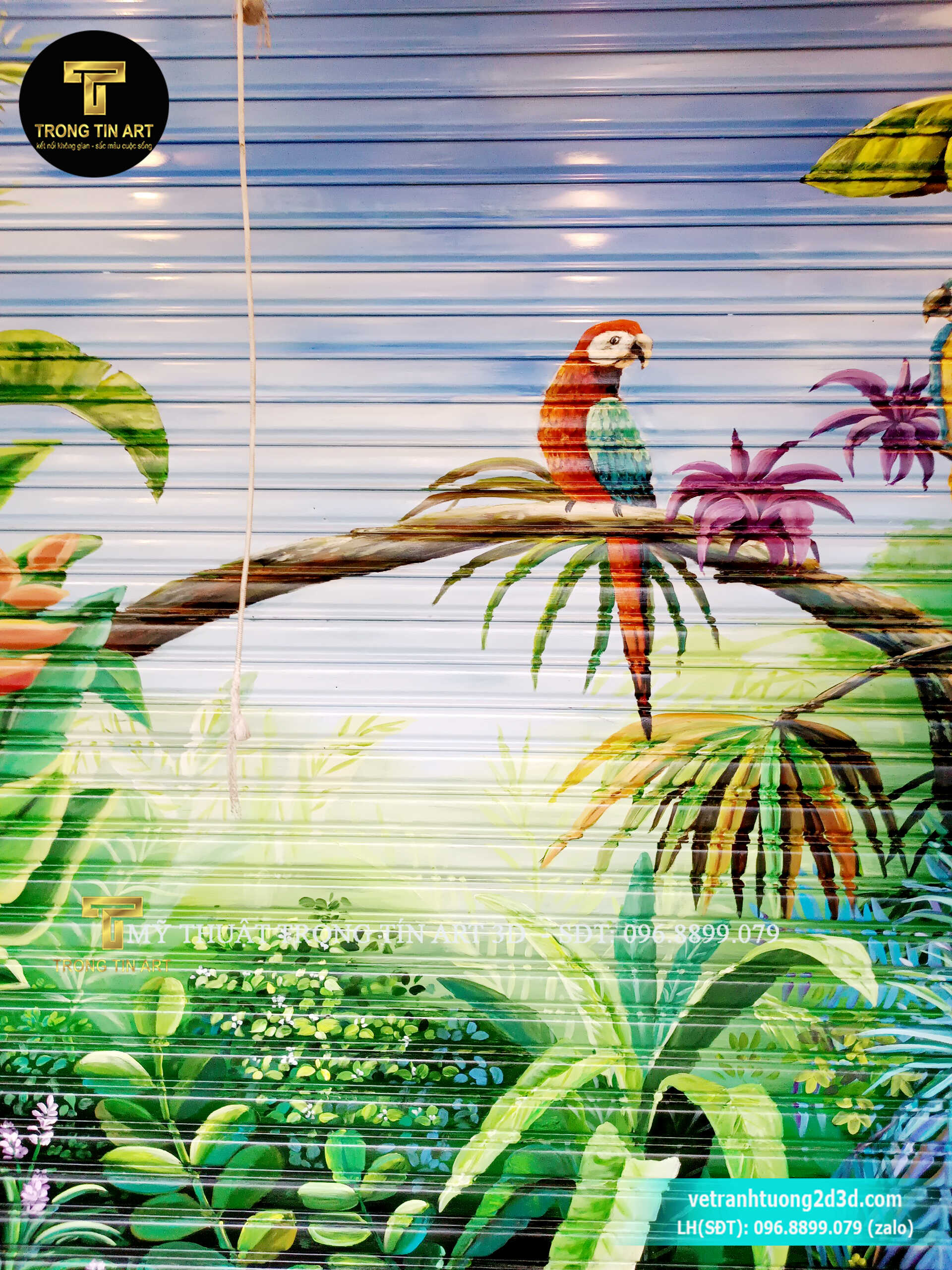 vẽ tranh trên cửa cuốn,vẽ tranh cửa cuốn,vẽ logo trên cửa cuốn,vẽ tranh hoa lá,vẽ tranh tropical,vẽ tranh rừng nhiệt đới,tranh tường 3d