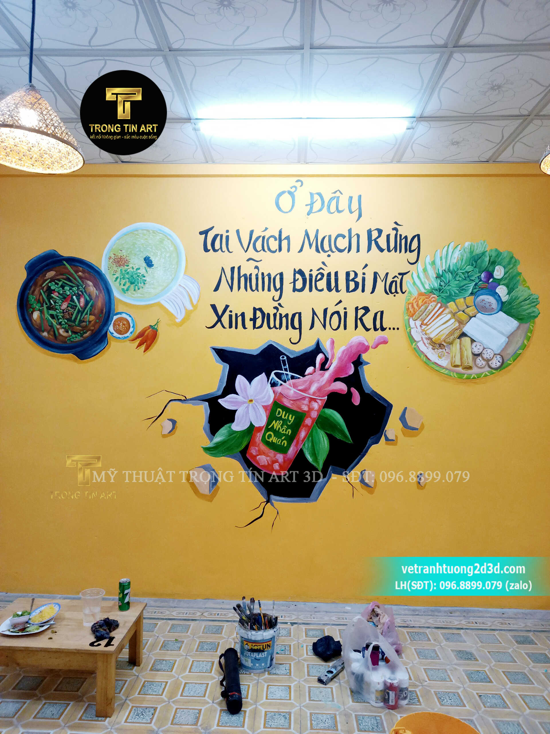 Vẽ tranh tường quán bún đậu mắm tôm,vẽ tranh tường quán bún đậu,tranh tường bún đậu,tranh tường cháo ếch singapore,tranh tường trà sữa