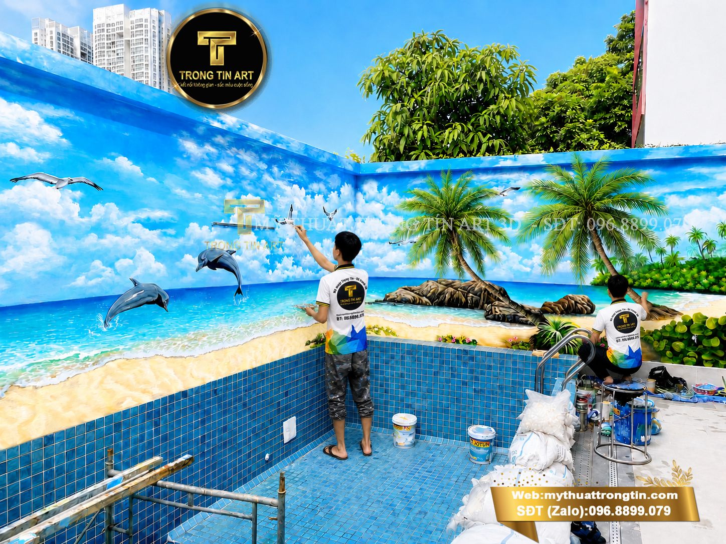 vẽ tranh tường hồ bơi,vẽ tranh hồ bơi,vẽ tranh cảnh biển,tranh tường phong cảnh,tranh tường cảnh biển,vẽ tranh ngoài trời,vẽ tranh 3d