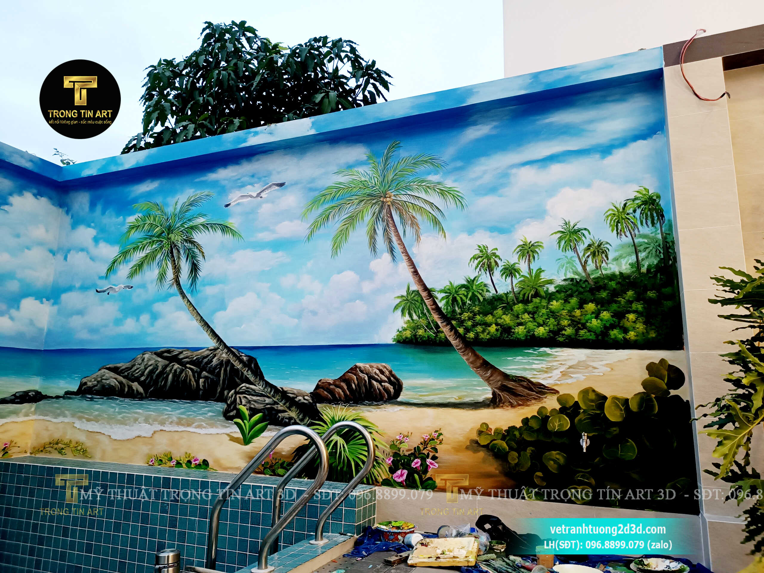 vẽ tranh tường hồ bơi,vẽ tranh hồ bơi,vẽ tranh cảnh biển,tranh tường phong cảnh,tranh tường cảnh biển,vẽ tranh ngoài trời,vẽ tranh 3d