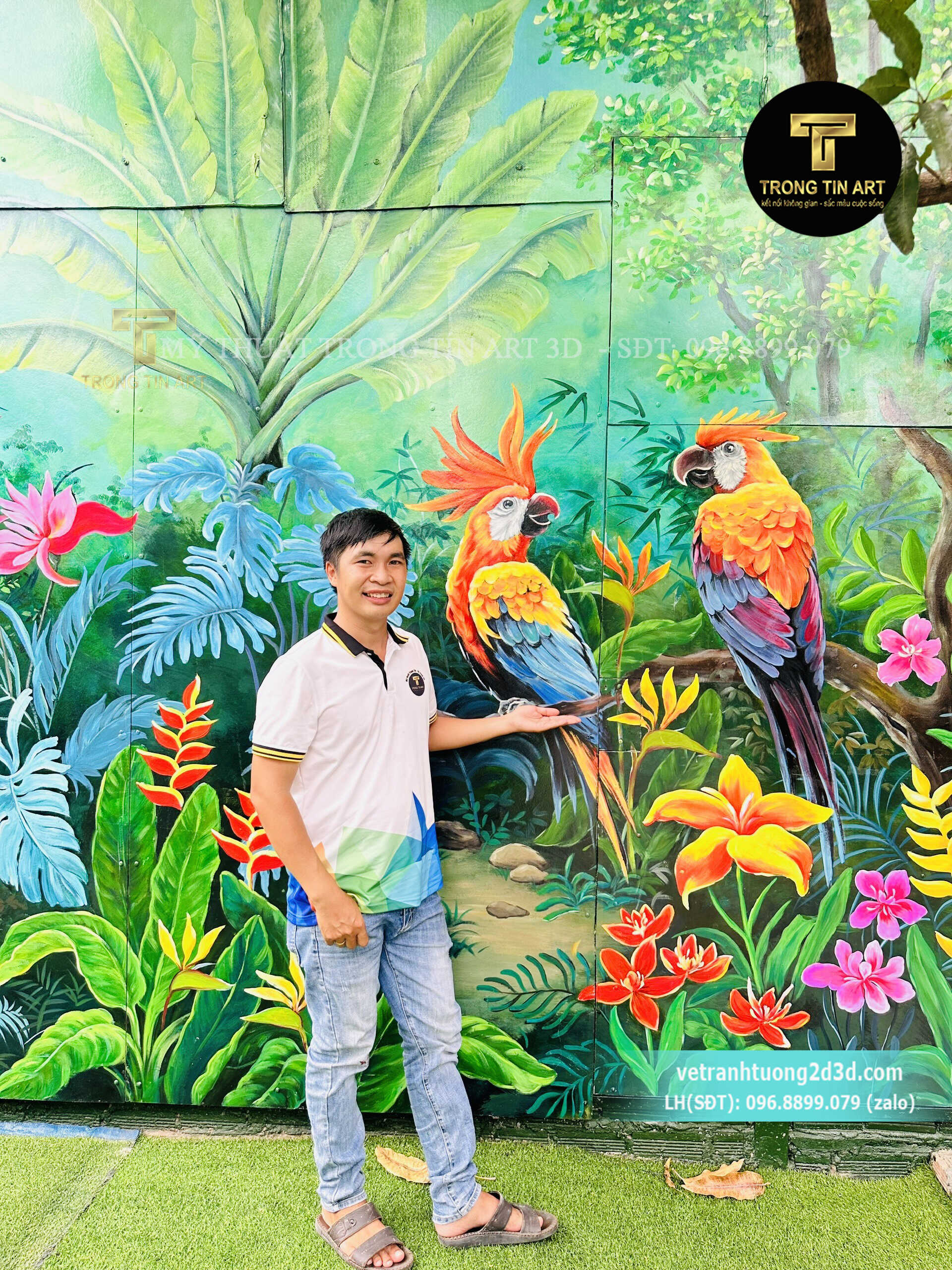 Vẽ Tranh Tường 3D Chekin,tranh chụp hình chekin,vẽ tranh cửa cuốn,vẽ tranh hoa lá,tranh tropical,tranh rừng nhiệt đới,vẽ tranh 3d