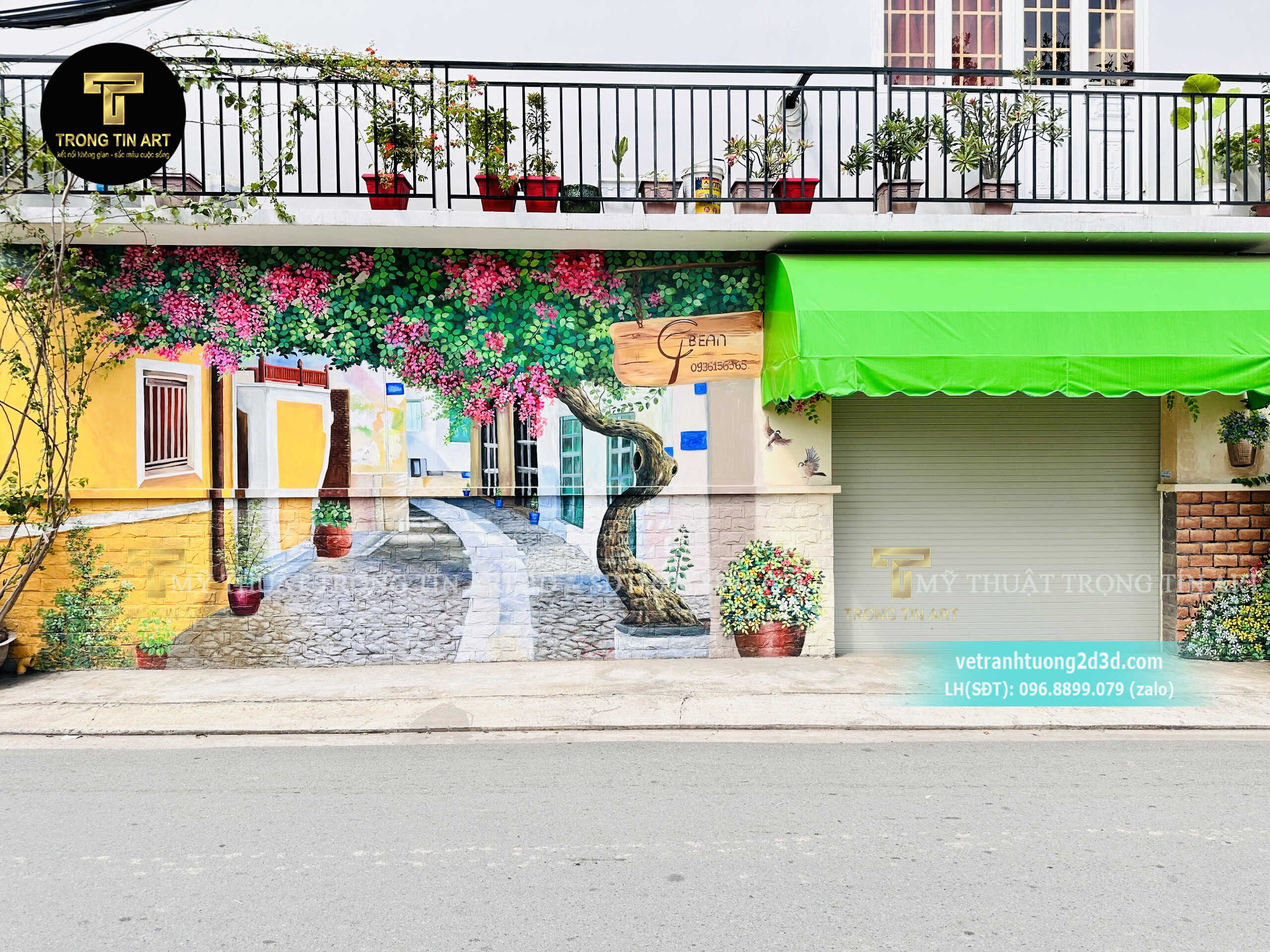 Vẽ tranh quán cafe phố cổ hoa giấy,tranh hoa giấy,tranh tường quán cafe,tranh tường phố cổ hội an,tranh tường quán cà phê,tranh quán coffee