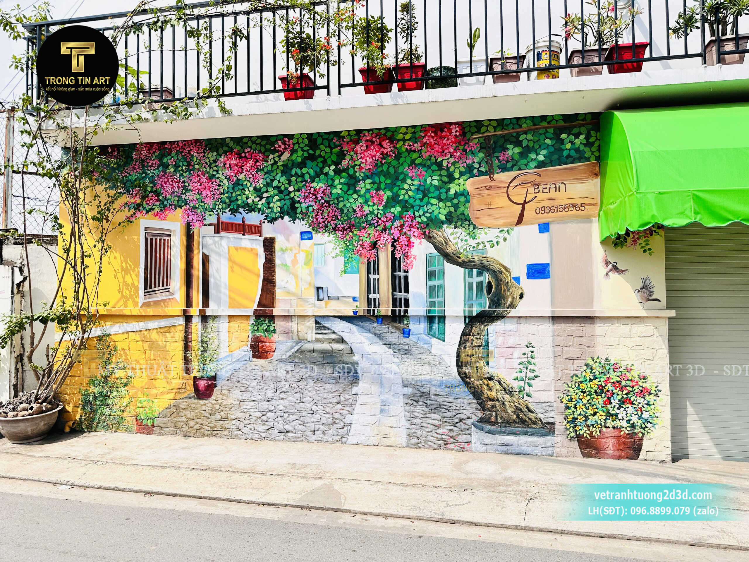 Vẽ tranh quán cafe phố cổ hoa giấy,tranh hoa giấy,tranh tường quán cafe,tranh tường phố cổ hội an,tranh tường quán cà phê,tranh quán coffee