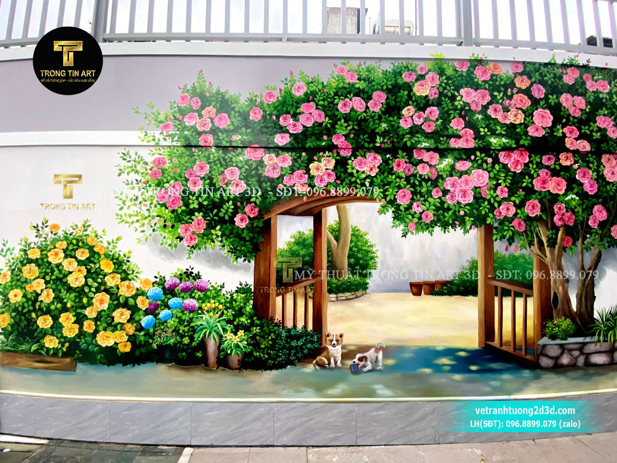 Vẽ Tranh Tường Hoa Hồng 3D - Vẽ Tranh Tường Rào Biệt Thự