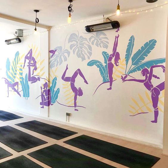 vẽ tranh tường phòng tập yoga,trang trí phòng yoga,trang trí phòng yoga, tranh phòng yoga,phòng yoga đẹp,vẽ tranh tường phòng yoga