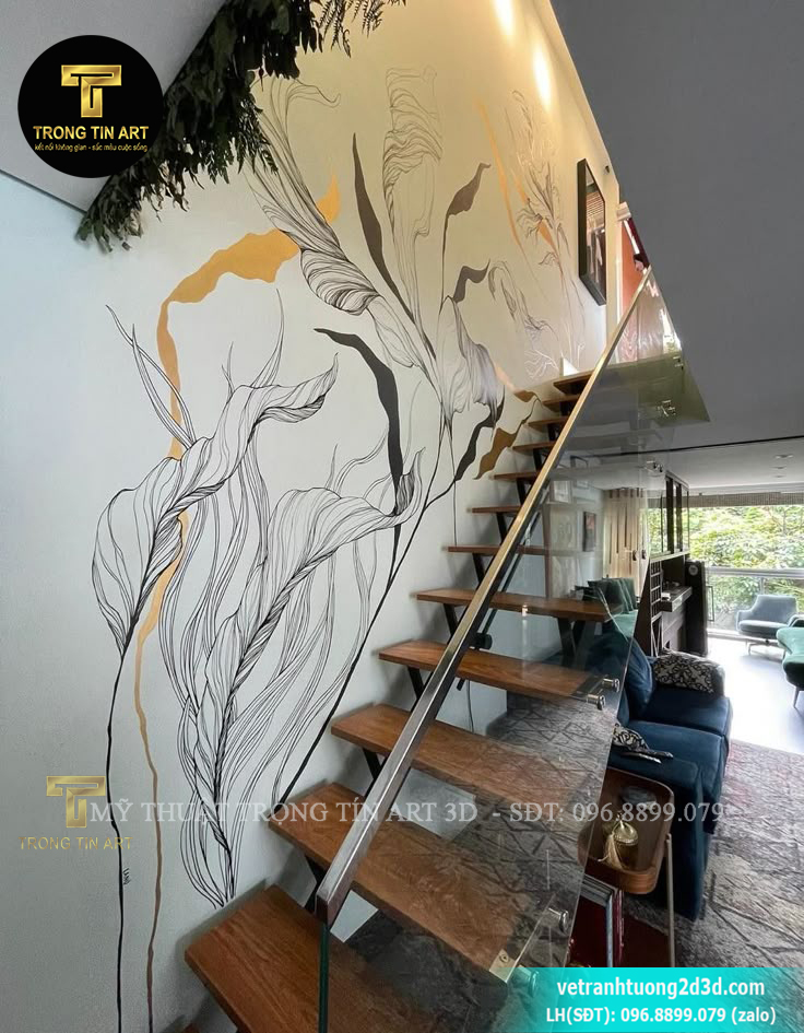 vẽ tường cầu thang,vẽ tường lá nhiệt đới,vẽ tranh cầu thang nhà phố,vẽ tranh cầu thang cafe,vẽ cầu thang spa,vẽ tranh tropical,vẽ hoa lá