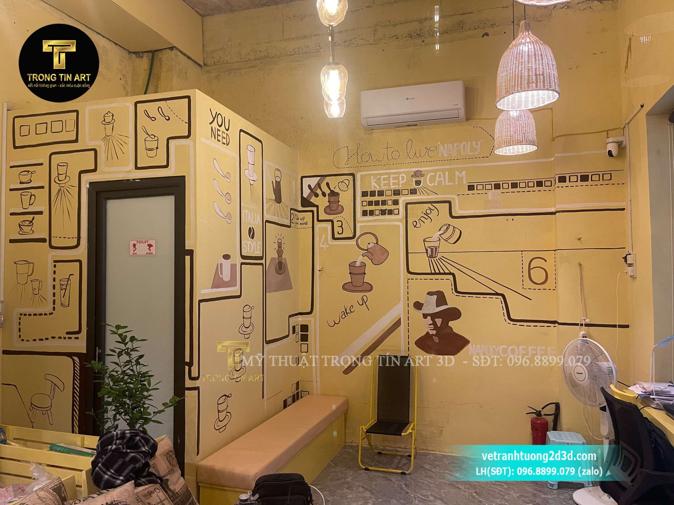vẽ tranh tường coffee,vẽ tranh tường cafe Napoly,vẽ tranh tường cà phê đẹp,vẽ tranh quán cà phê ngoài trời,vẽ tranh tường phong cách tropical