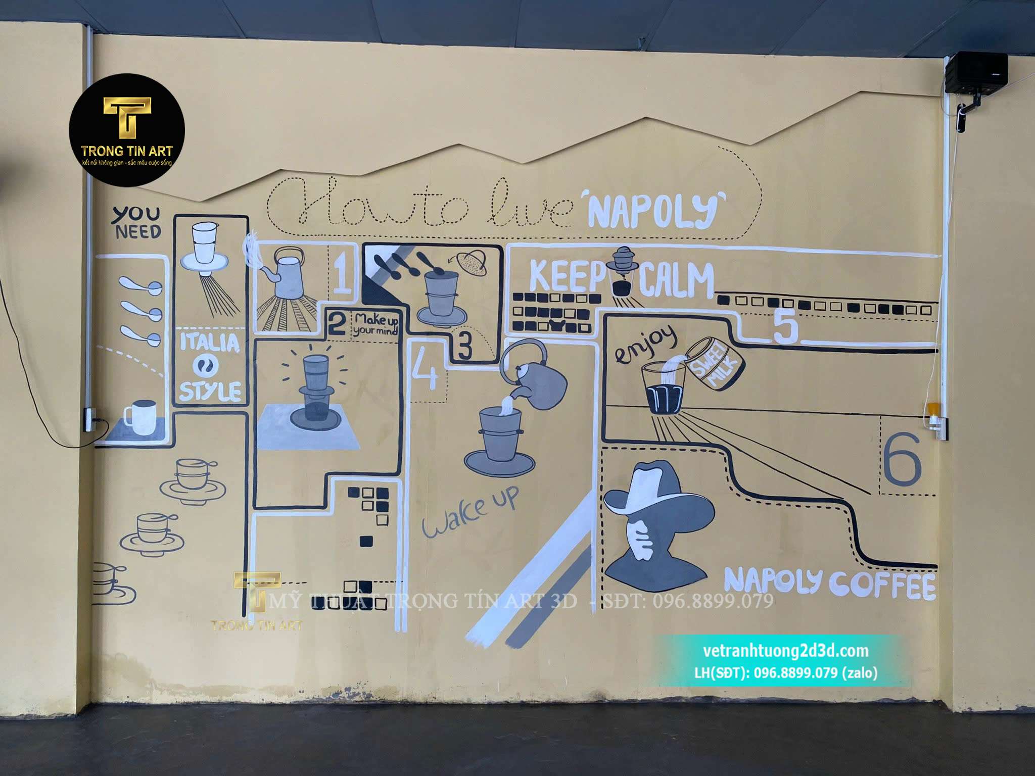 vẽ tranh tường coffee,vẽ tranh tường cafe Napoly,vẽ tranh tường cà phê đẹp,vẽ tranh quán cà phê ngoài trời,vẽ tranh tường phong cách tropical