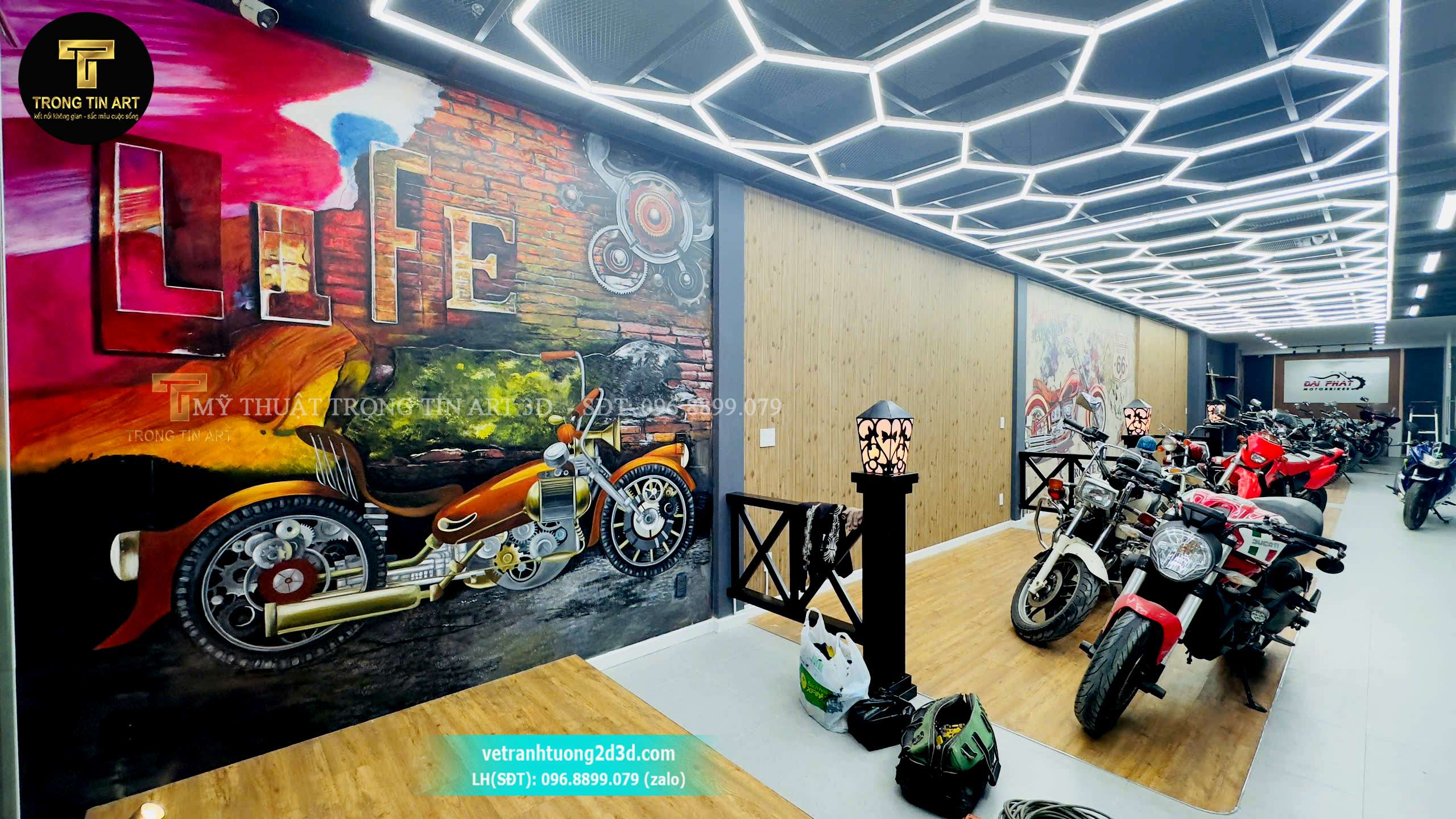 vẽ tranh tường showroom mô tô,vẽ tranh moto phân khối lớn,vẽ tranh tường mô tô,vẽ tranh xe máy,vẽ tường garage mô tô,vẽ tranh biker