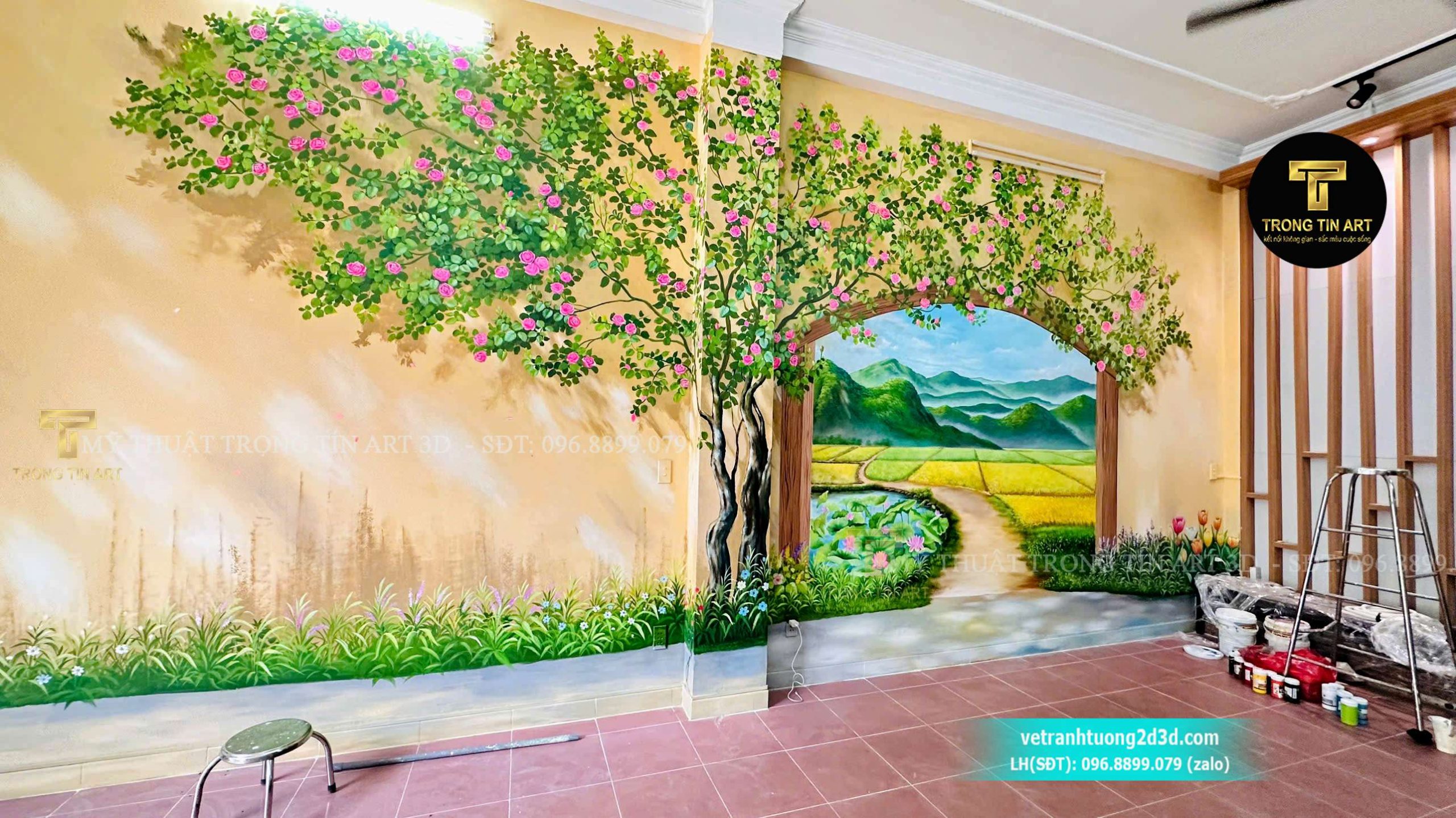 ranh tường phong cảnh,vẽ tranh phong cảnh quê hương,vẽ tranh làng quê trên tường, vẽ tranh phong cảnh 3d,vẽ tranh tường hoa hồng leo