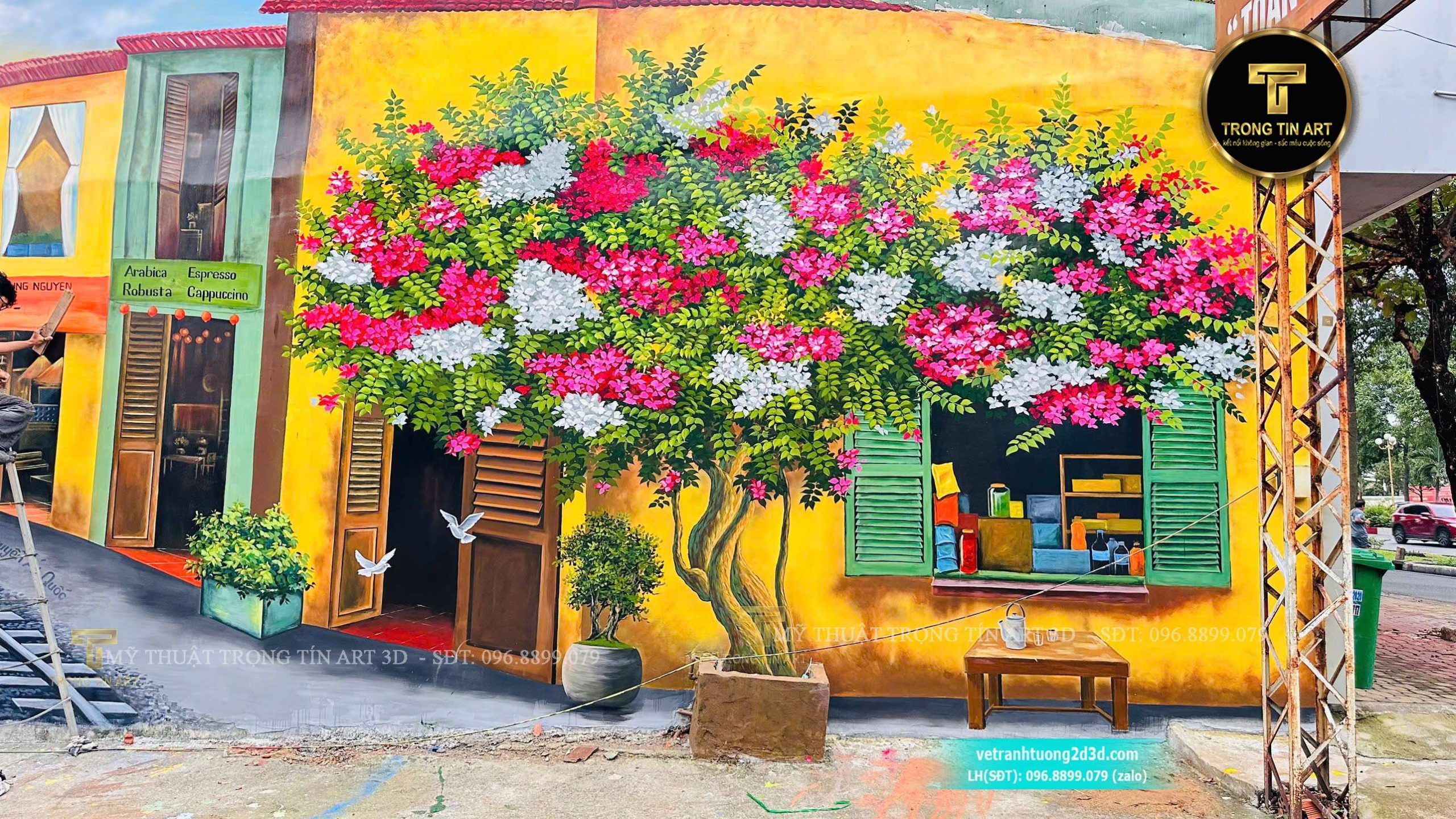 tranh tường hoa giấy quán cafe, vẽ tranh tường 3d, tranh tường phố cổ hội an, vẽ tranh tường trung nguyên e coffee, tranh tường hoa hồng