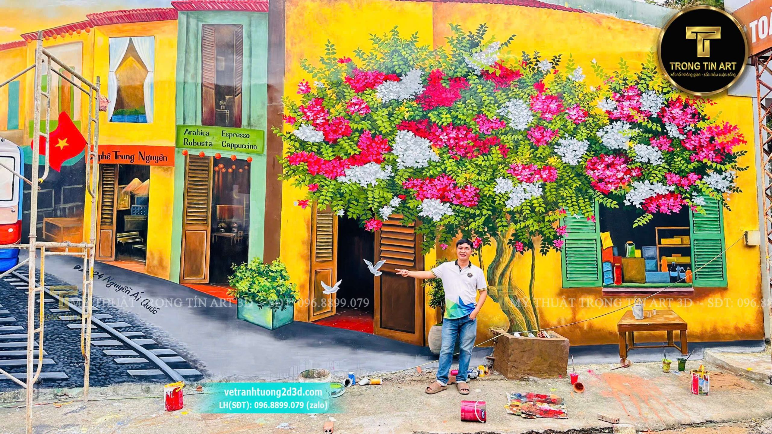 Thi công tranh tường quán cafe phong cách Hội An