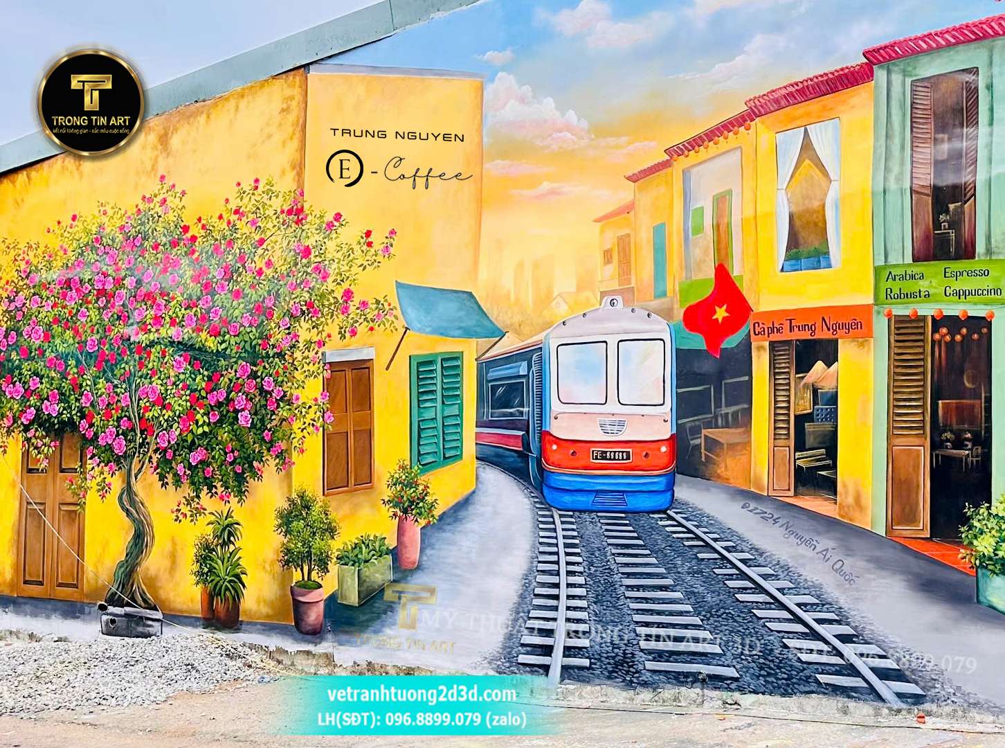 tranh tường hoa giấy quán cafe, vẽ tranh tường 3d, tranh tường phố cổ hội an, vẽ tranh tường trung nguyên e coffee, tranh tường hoa hồng