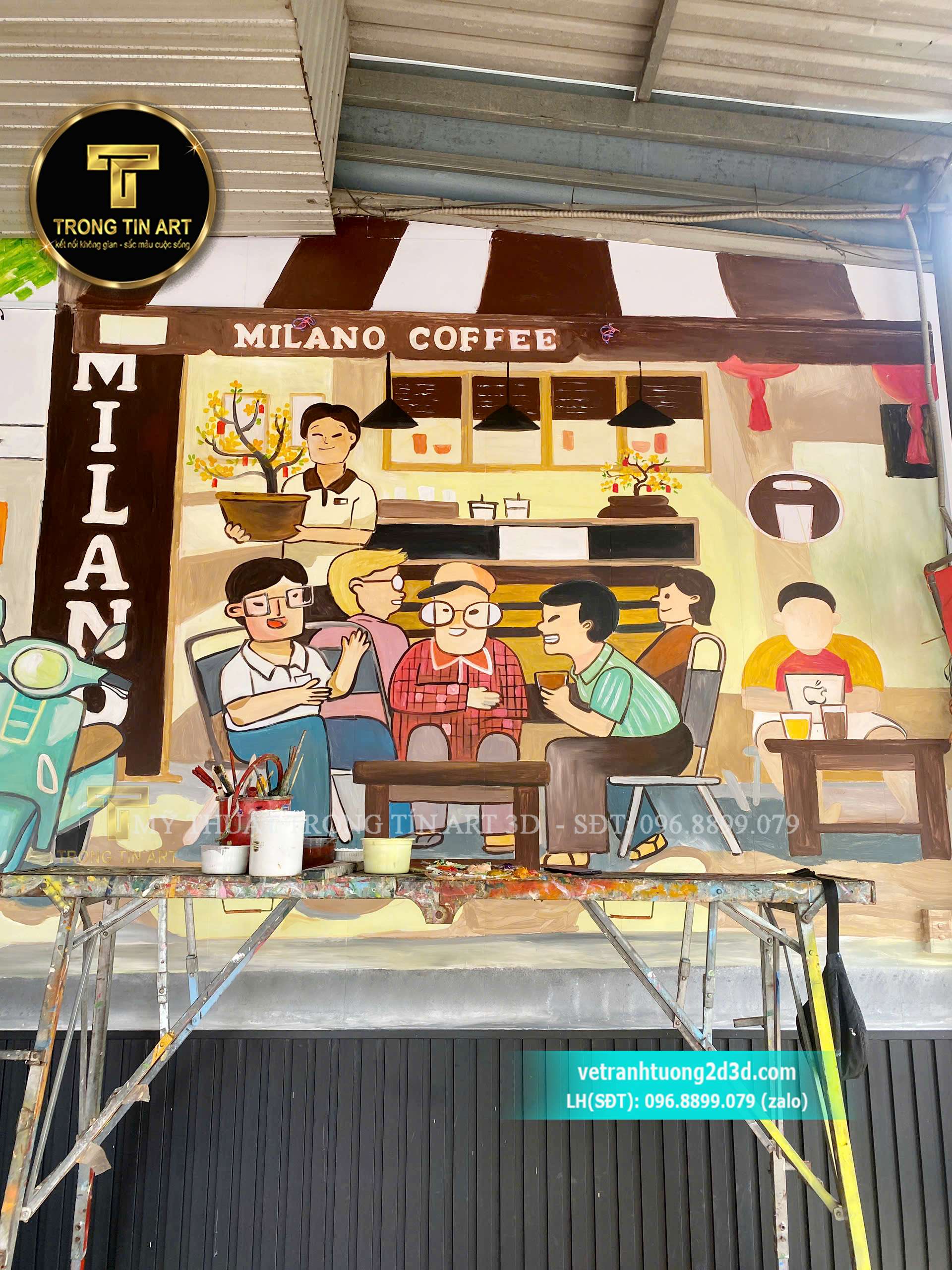 vẽ tranh tường Milano Coffee, tranh tường quán Milano Coffee, vẽ tranh logo Milano Coffee, tranh tường phong cảnh Milano Coffee, vẽ quán cafe