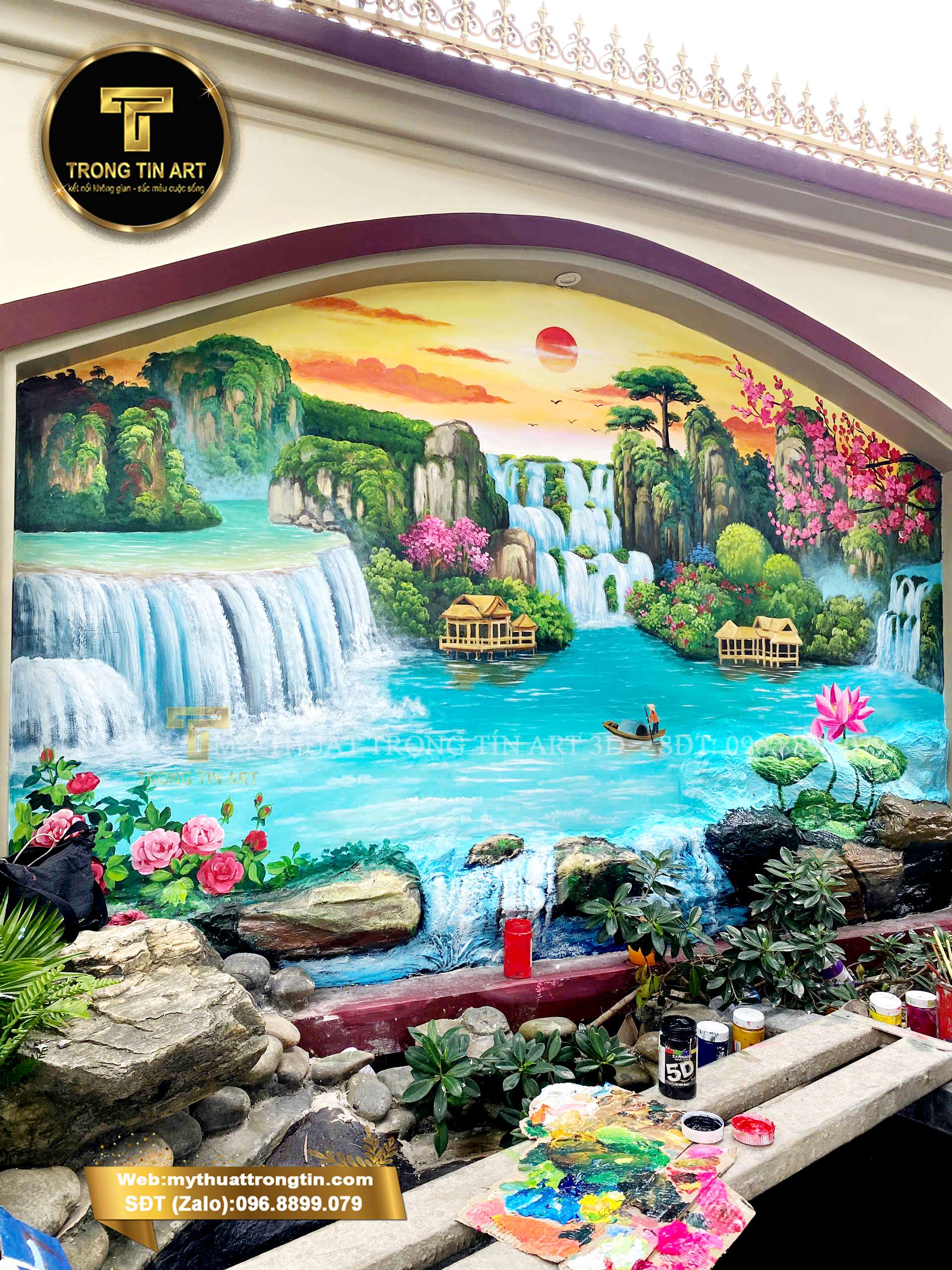 vẽ tranh phong cảnh thác nước, tranh tường thác nước phong thủy, vẽ tranh tường thác nước phòng khách, tranh phong cảnh thác nước đẹp