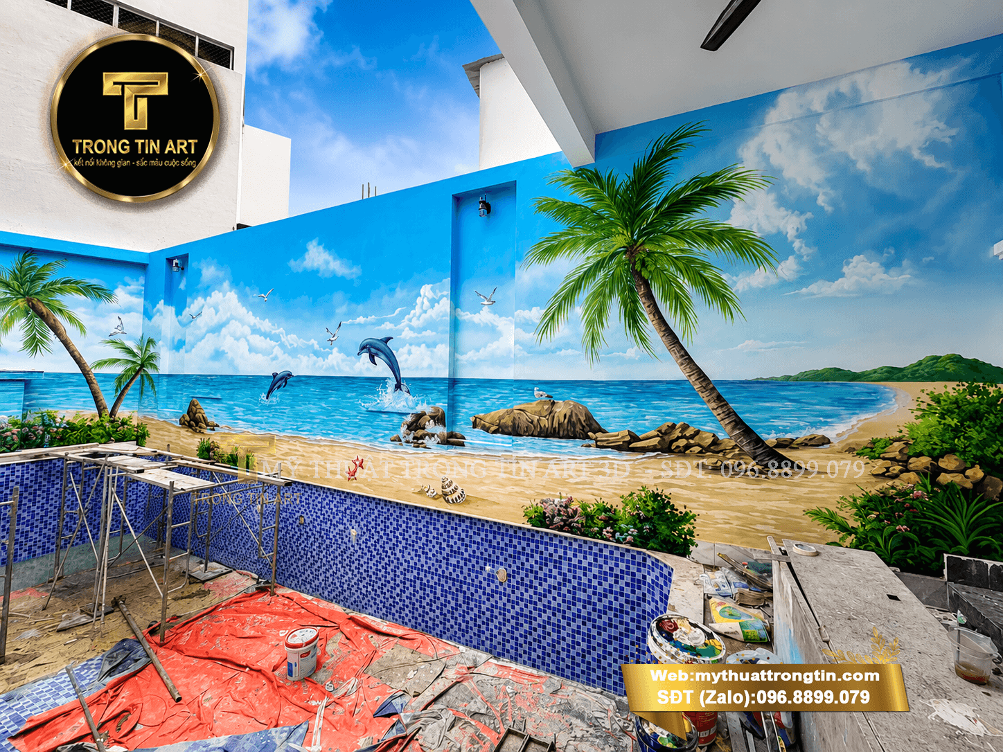 Bức tranh tường phong cảnh biển 3D hoành tráng trang trí cho hồ bơi biệt thự hiện đại