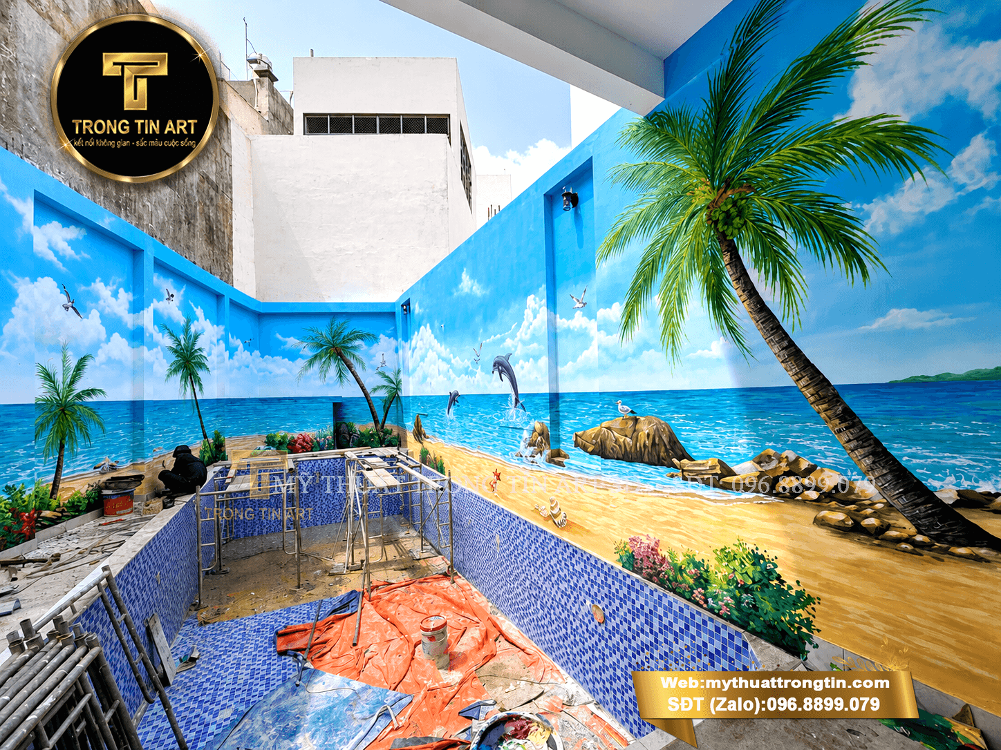 vẽ tranh tường phong cảnh biển, vẽ tranh tường hồ bơi, tranh tường 3d hồ bơi, tranh phong cảnh biển 3d, dịch vụ vẽ tranh tường