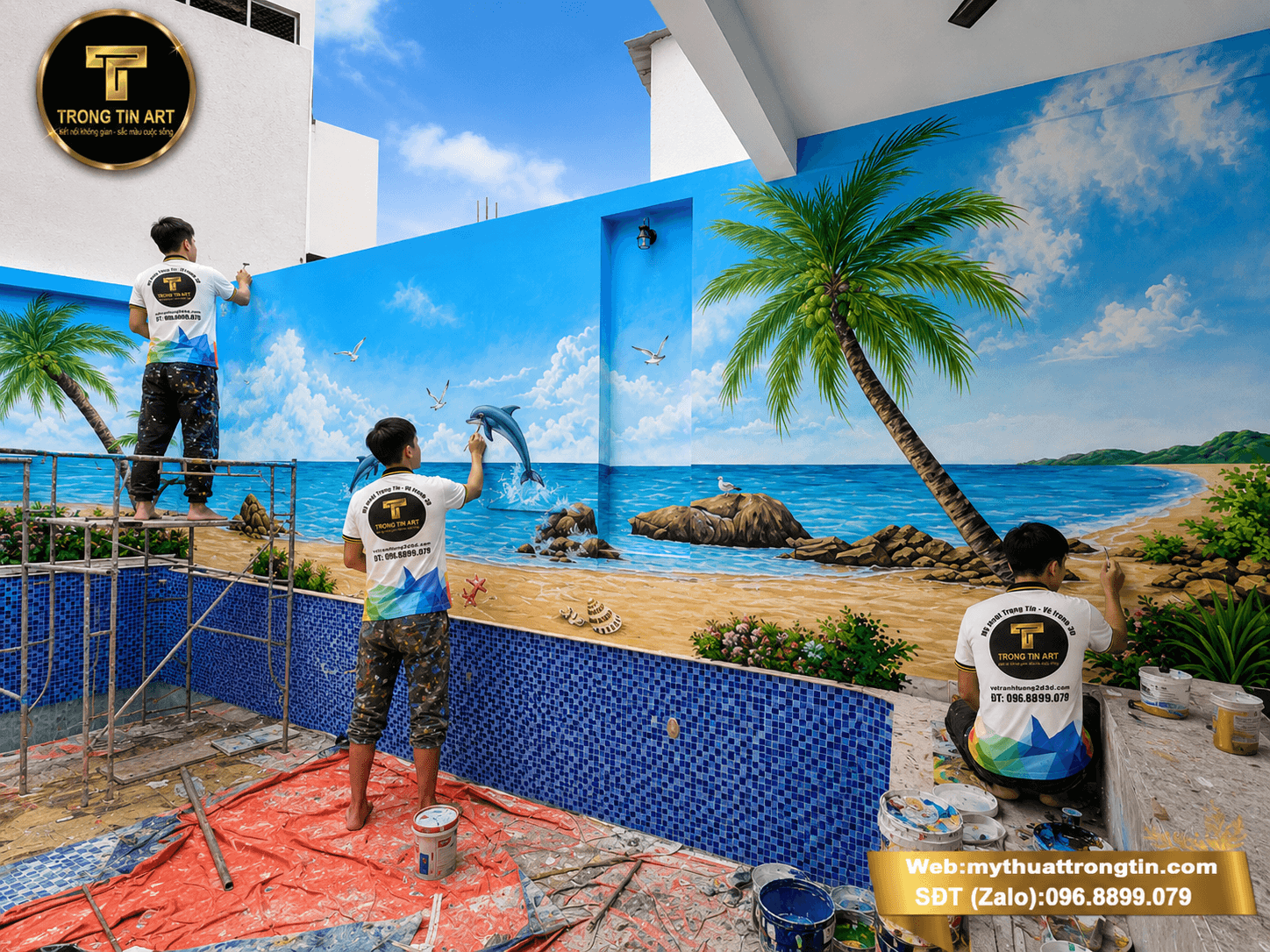 vẽ tranh tường phong cảnh biển, vẽ tranh tường hồ bơi, tranh tường 3d hồ bơi, tranh phong cảnh biển 3d, dịch vụ vẽ tranh tường