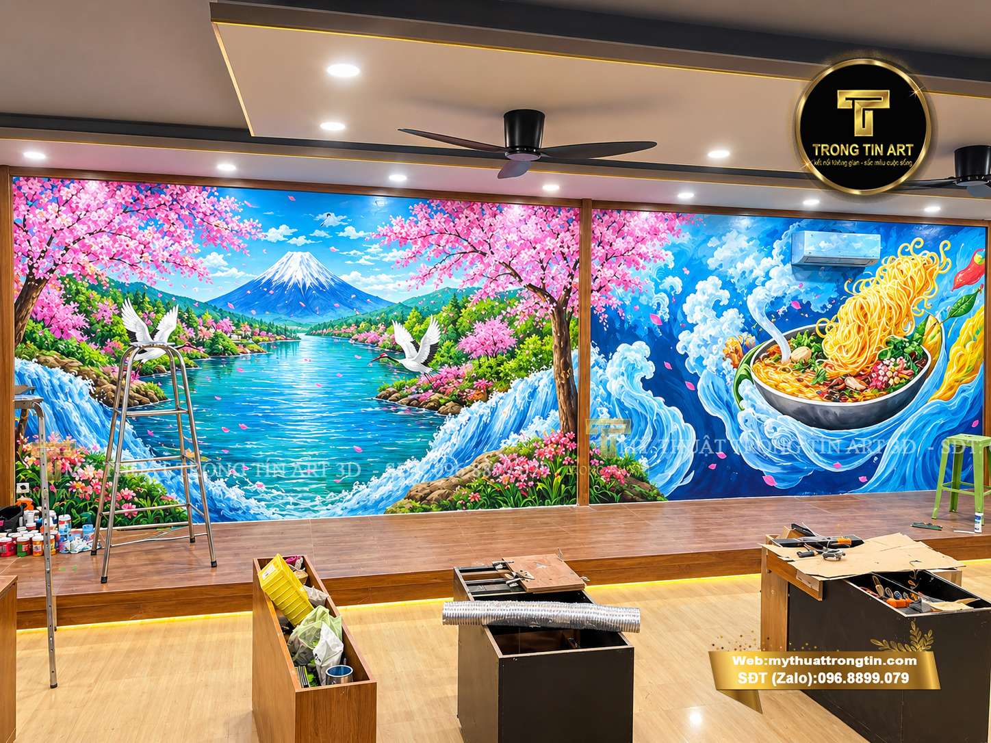 Vẽ tranh tường quán mì cay phong cảnh Hàn Quốc đẹp, độc đáo. Tư vấn mẫu, báo giá và thi công chuyên nghiệp, tạo không gian ấn tượng, hút khách.