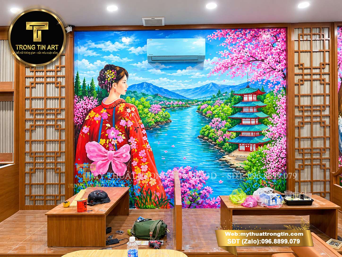 vẽ tranh tường quán mì cay phong cảnh Hàn Quốc, vẽ tranh tường quán mì cay, tranh tường quán mì cay Hàn Quốc, tranh tường Hàn Quốc, vẽ tranh tường quán ăn, tranh tường nhà hàng Hàn Quốc