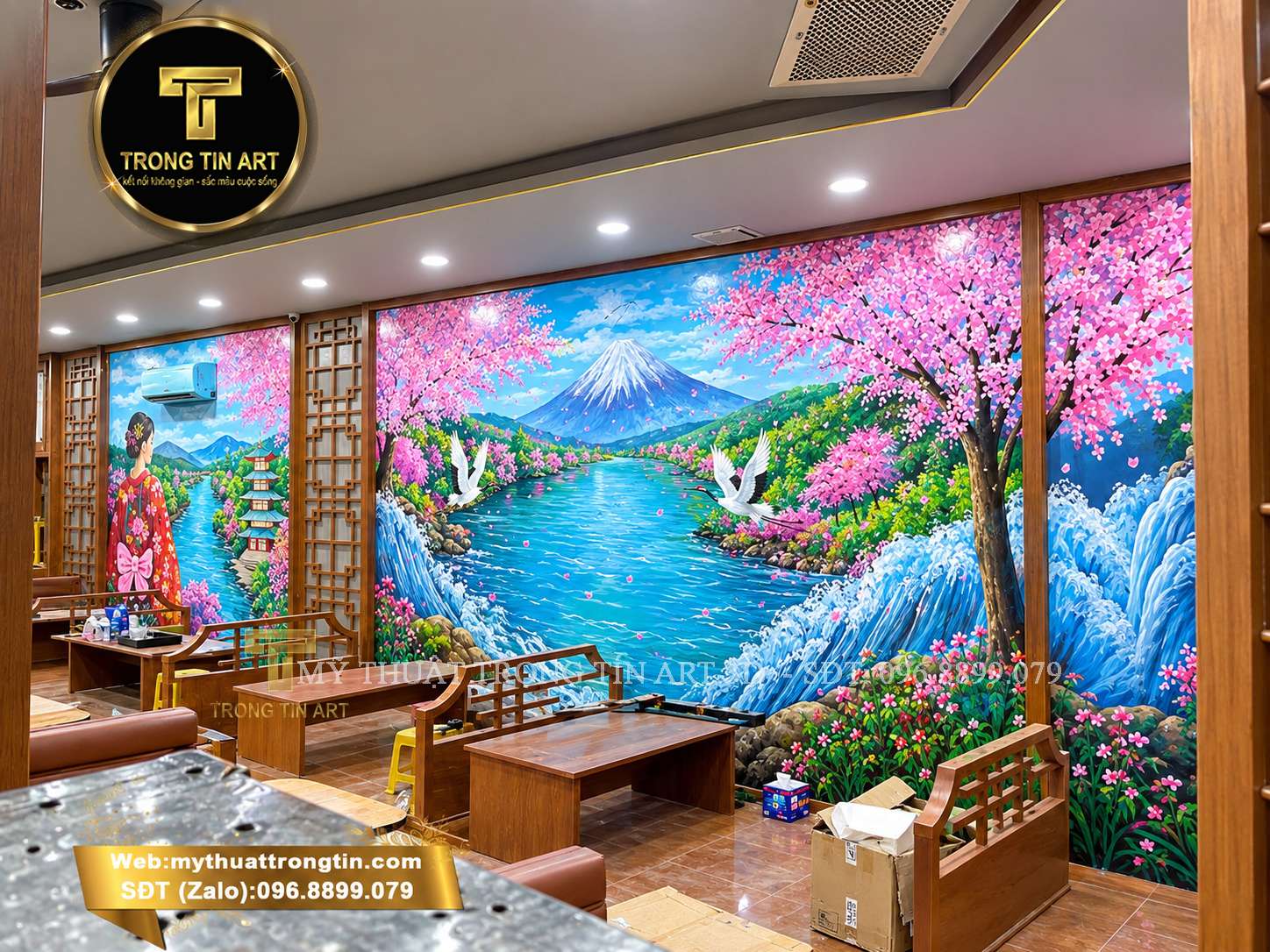 vẽ tranh tường quán mì cay phong cảnh Hàn Quốc, vẽ tranh tường quán mì cay, tranh tường quán mì cay Hàn Quốc, tranh tường Hàn Quốc, vẽ tranh tường quán ăn, tranh tường nhà hàng Hàn Quốc