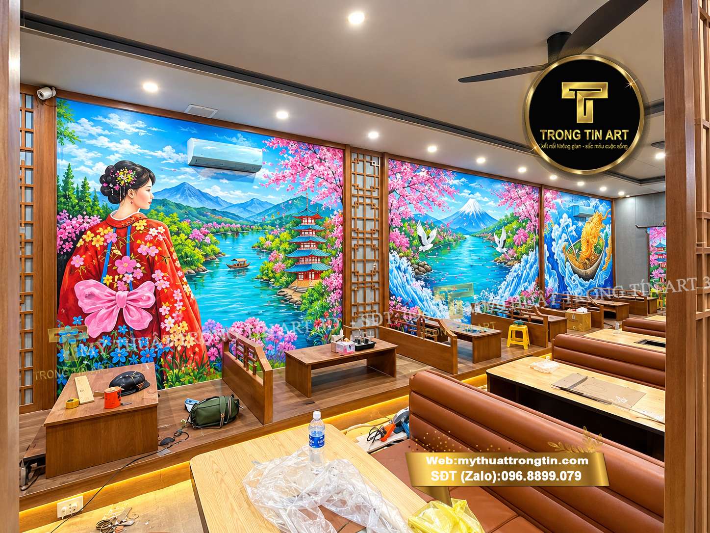 vẽ tranh tường quán mì cay phong cảnh Hàn Quốc, vẽ tranh tường quán mì cay, tranh tường quán mì cay Hàn Quốc, tranh tường Hàn Quốc, vẽ tranh tường quán ăn, tranh tường nhà hàng Hàn Quốc
